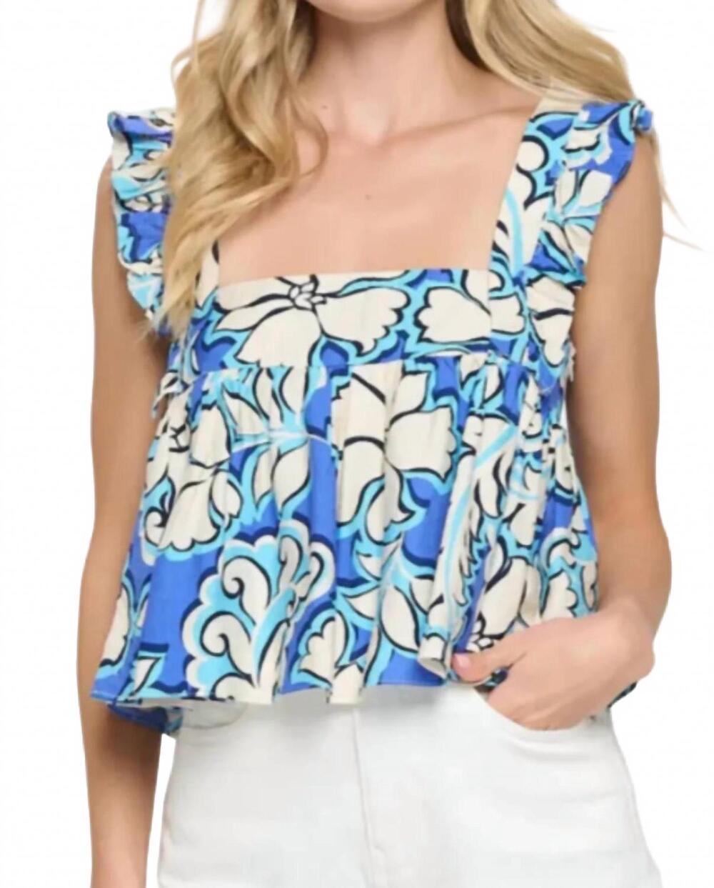 NEW MEET ME IN SANTORINI women's cape blooms blouse in blue